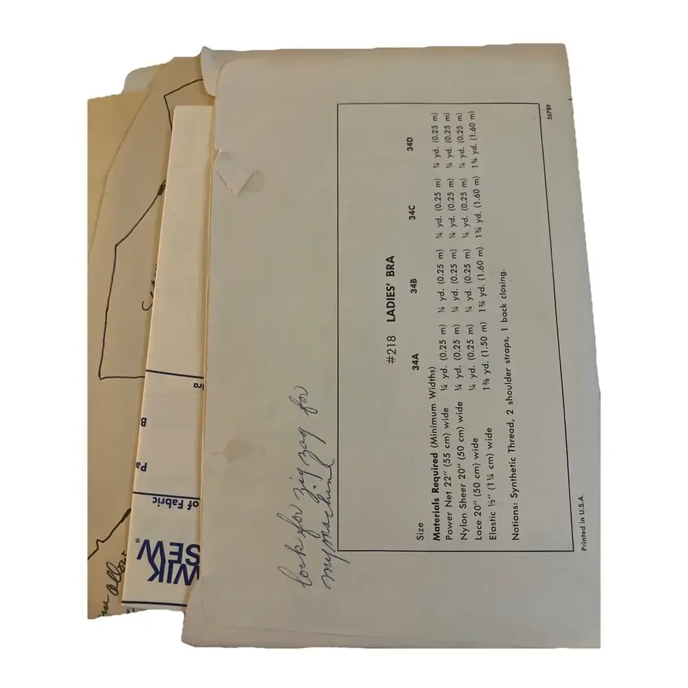 1960's Kwik Sew Bra Sewing Pattern 218 Size 34A 34B 34C 34D UNCUT